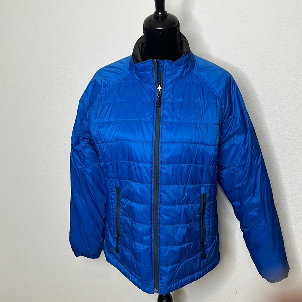 LL Bean. blue jacket with black interior. Zip up. Pockets